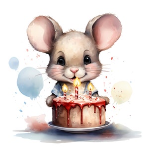 Lindo ratón con pastel de cumpleaños PNG Clipart Bundle, pastel de cumpleaños con lindas invitaciones de ratón, conjunto de ilustración de pastel de cumpleaños, uso comercial