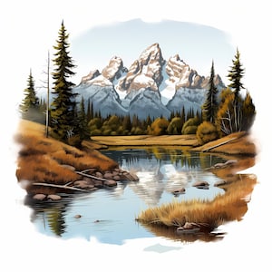 Set di schizzi ad acquerello del Parco nazionale del Grand Teton, Schizzo stampabile del Parco nazionale del Grand Teton, Creazione di cartoline e pianificatori, Arte della parete naturale