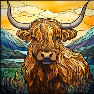 Stained Glass Highland Cow Clipart, Stained Glass Art Cute Highland Cow, Holiday Clipart, Highland Cow Set, Farmhouse Decor, Commercial Use