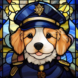 Cachorro de vidrieras con imágenes prediseñadas de sombrero de policía, arte de vidrieras de cachorro divertido, policía de cachorros, fabricación de tarjetas, imágenes prediseñadas navideñas, uso comercial
