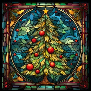 Clipart d’arbre de Noël en vitrail, ensemble imprimable d’arbre de Noël, fabrication de cartes et de journaux de paysages de Noël, décor de Noël, commercial