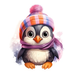 Lindo pequeño pingüino acuarela PNG Clipart, pingüino divertido con bufanda, decoración de la pared del vivero de pingüinos, fabricación de tarjetas y diarios, conjunto de baby shower