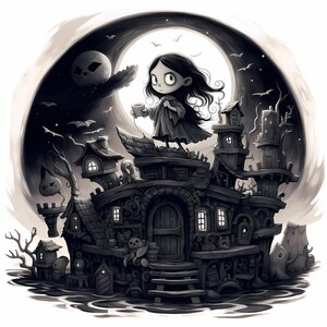 Halloween Witch Cottage Watercolor Clipart, Spooky Witch House Dark Illustration Sublimation Set, Card and Journal Making, Commercial Use
