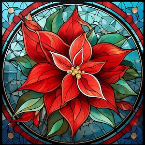 Gebrandschilderd glas Poinsettia Clipart, Floral Clipart, Poinsettia Set, Lentebloemen, Gebrandschilderd glas Poinsettia Frame, Junk Journal, Commercieel