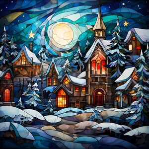 Vitrail Village de Noël Clipart, Village de Noël Ensemble imprimable, Carte de paysage de neige et fabrication de journaux, Paysage d’hiver, Commercial