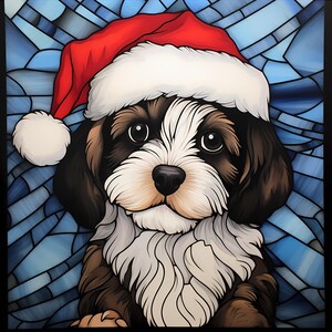 Buntglas-Welpe mit Weihnachtsmütze Clipart, Weihnachts-Welpen-Set, Buntglas-Kunst niedlicher Welpe, Kartenherstellung, Urlaub Clipart, kommerzielle
