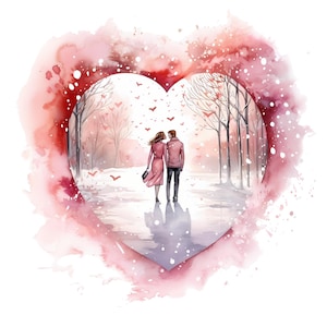 Jolie carte de Noël romantique aquarelle Clipart, couple romantique PNG ensemble de carte de Noël, fabrication de cartes et de carnets, Couple amoureux, Commercial