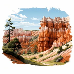 Paquete de arte de bocetos de acuarela del Parque Nacional Bryce Canyon, conjunto de arte de bocetos imprimible del Parque Nacional Bryce Canyon, papel digital, arte de la pared de la naturaleza