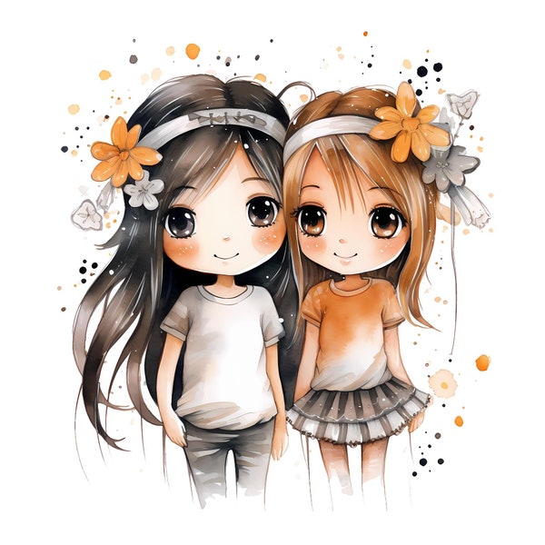 Lindo paquete de imágenes prediseñadas Kawaii Girls PNG, lindo conjunto de mejores amigos de Chibi Girls, ilustración de Kawaii Girl Planner, Boho Girls, diseño de sublimación