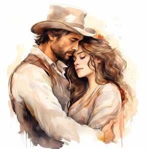 Aquarela romântico cowboy cowgirl casal clipart, conjunto de ilustração de casal ocidental, casal amoroso do oeste selvagem, casal romântico, uso comercial
