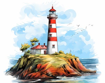 Seashore Lighthouse Watercolor Clipart, Seashore Lighthouse Scene, Card and Journal Making, Scrapbooking, Digital Planner, Commercial Use