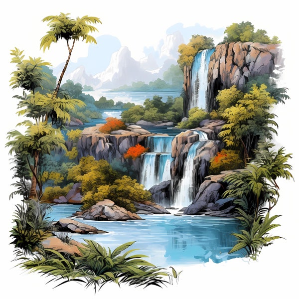 Misty cascade tropicale aquarelle Bundle, cascade tropicale imprimable PNG ensemble, fabrication de cartes, papier numérique, cascade tropicale, Commercial