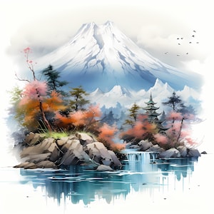 Serene Mount Fuji aquarel clipart, Serene Mount Fuji landschap aquarel set, landschap clipart, kaart maken, wand decor, commercieel gebruik