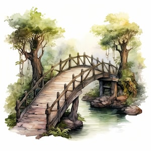 Clipart dell'acquerello del ponte della foresta magica fata, scena del ponte della foresta magica dell'acquerello, creazione di cartoline e diari, scrapbooking, uso commerciale