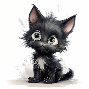 Funny Kitten Watercolor Clipart, Spooky Baby Black Cat, Kitten Nursery Decor, Card and Journal Making, Mixed Media, Paper Craft, Wall Art