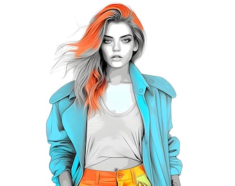 Pencil Sketch Vibrant Fashion Girl Clipart, PNG Sublimation, Modern Street Fashion Girl, Colorful Fashion Model Sketch, Fashion Illustration