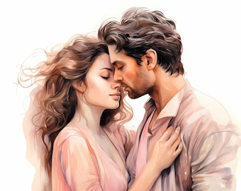 Romantic Couple Watercolor Clipart Bundle, Happy Couple Romantic Scene Illustration Set, Loving Couple Clipart, Couple Kissing, Commercial