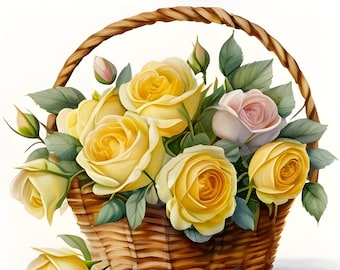 Yellow Roses in a Basket Watercolor Clipart, Watercolor Floral Clipart, Yellow Roses Bundle, Yellow Flowers, Yellow Rose Bouquet, Commercial