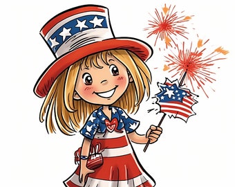Cartoon American Girl Clipart, Independence Day Set, July 4th USA Patriotic Girl Illustration,  Sublimation Design Clipart, Commercial Use