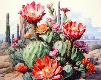 May include: A vibrant cactus plant with pink, red, and orange flowers blooming. The cactus is surrounded by green prickly pear pads and is set against a white background.