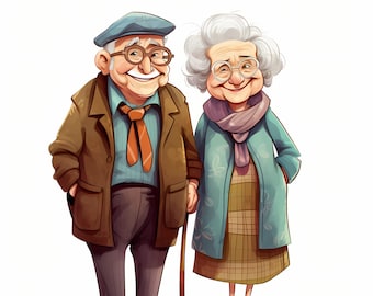 Cute Grandma and Grandpa Clipart Bundle, Funny Elderly People Cartoon Family Illustration PNG Set, Funny Elderly Couple Clipart, Commercial