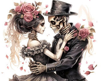 Puede incluir: Un novio esquelético con un traje negro y un sombrero de copa baila con una mujer con un vestido negro y gris con rosas rosas en el pelo. Están rodeados de pétalos de rosas rosas.