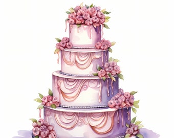 Paquete de imágenes prediseñadas de acuarela de pastel de boda, conjunto de ilustración de pastel de novia de lujo, planificador de bodas, diario basura, fabricación de tarjetas, uso comercial