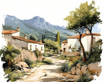 Mediterranean Landscape Watercolor Clipart Bundle, Mediterranean Landscape Printable Sketch, Card Making, Mediterranean Scenery, Commercial