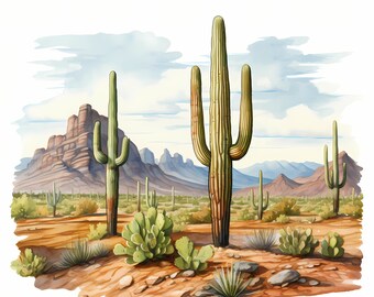 May include: A watercolor painting of a desert landscape with tall green cacti and a mountain range in the background. The cacti are surrounded by smaller plants and rocks.