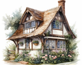 Clipart aquarelle cottage vintage, ensemble aquarelle Cottagecore, lot cottage vintage, fabrication de cartes et de journaux, scrapbooking, publicité