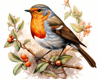 Paquete de imágenes prediseñadas de acuarela de Robin Bird, lindo y colorido conjunto de pájaros Robin, dibujos de pájaros Robin de decoración de vivero, decoración de pared de pájaros Robin, uso comercial
