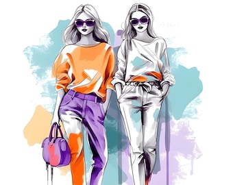 Watercolor Vibrant Fashion Girl Clipart, Modern Street Fashion Girl, Colorful Fashion Models Sketch, Fashion Illustration, Junk Journal