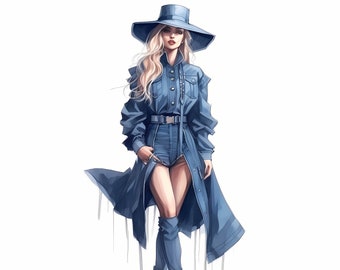 Denim Stylish Fashion Girl Clipart, Denim Fashion Model Draw, Jeans Girl Clipart, American Girls Denim Illustration, Modern Street Fashion