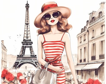 Watercolor Illustration Paris Fashion Girl Clipart, Modern Street Fashion Girl, Colorful Fashion Model Sketch, Paris Fashion Illustration