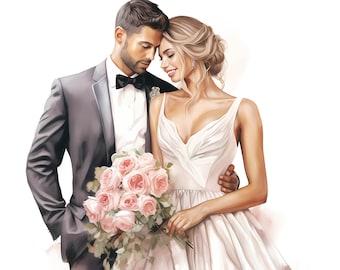 Bride and Groom Watercolor Clipart Bundle, Bride and Groom Wedding Day Illustrations Transparent PNG Set, Wedding Invitation, Commercial Use