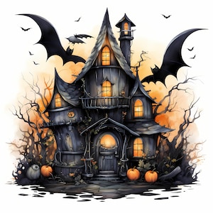 Halloween Witch House Watercolor Clipart Bundle, Halloween Witch House Illustrations Sublimation Set, Sublimation Designs, Commercial Use