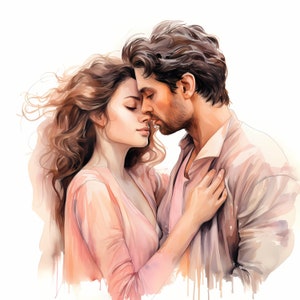Paquete de imágenes prediseñadas de acuarela de pareja romántica, conjunto de ilustración de escena romántica de pareja feliz, imágenes prediseñadas de pareja amorosa, pareja besándose, comercial