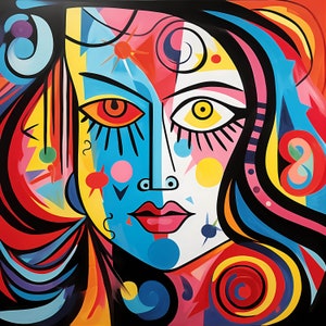 Vibrante arte abstracto mujer cara tablero impresión retrato paquete, vibrante mujer cara pared arte y decoración, mujer abstracta pintura de pared digital s1