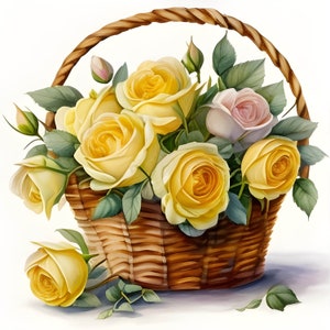 Yellow Roses in a Basket Watercolor Clipart, Watercolor Floral Clipart, Yellow Roses Bundle, Yellow Flowers, Yellow Rose Bouquet, Commercial