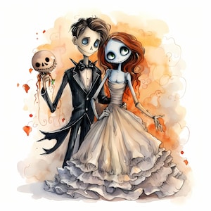 Imágenes prediseñadas de acuarela de novio y novia espeluznantes de Halloween, conjunto de chicos y chicas espeluznantes de Halloween, ilustración de pareja de amor de Halloween, uso comercial