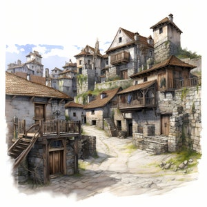 Beautiful Medieval Village Landscape Watercolor Clipart Bundle, Smartno Village in Goriska Brda Printable Sketch, Card Making, Wall Decor
