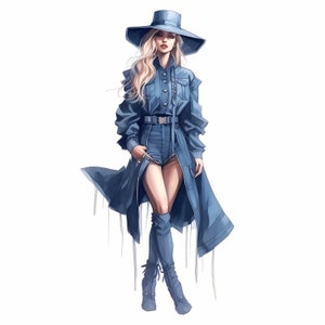 Denim stijlvolle mode meisje clipart, denim fashion model tekenen, jeans meisje clipart, Amerikaanse meisjes denim illustratie, moderne straatmode