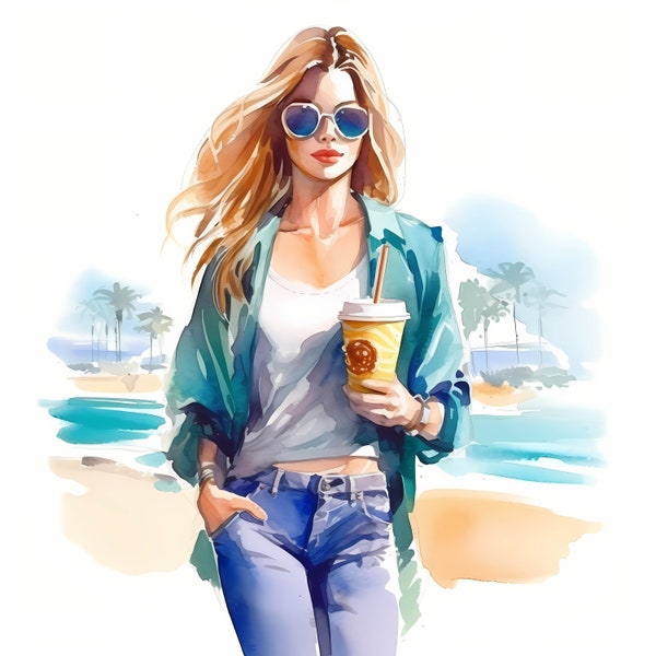 Walking Along the Beach, Watercolor Vibrant Fashion Girl Clipart, Modern Beach Fashion Girl, Colorful Fashion Model, Coffe Beach Fashion