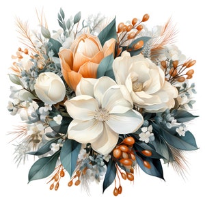 Lindo buquê de casamento de inverno em aquarela clipart, pacote de buquê de noiva de inverno, conjunto de buquê de noiva de flores coloridas, buquê de noiva de inverno