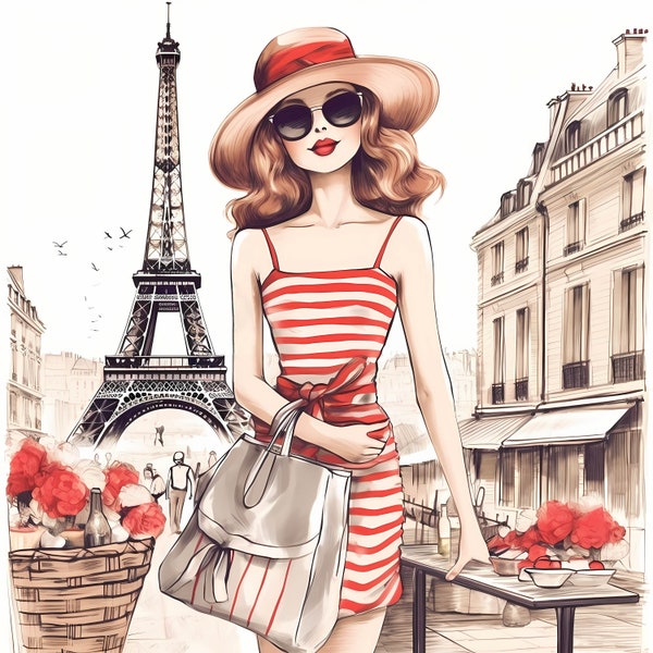 Illustration aquarelle Clipart mode fille parisienne, mode féminine de la rue moderne, croquis coloré de mannequin, illustration de la mode parisienne