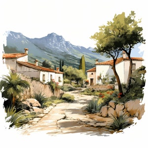 Bundle de cliparts aquarelle paysage méditerranéen, esquisse imprimable de paysage méditerranéen, fabrication de cartes, paysages méditerranéens, publicité