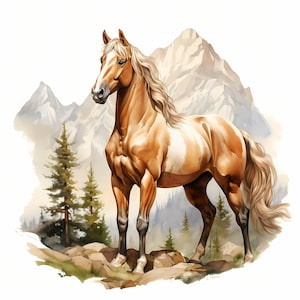 Majestätisches Pferdeportrait Aquarell Clipart Bundle, Pferd in der Natur Illustrationsset, Aquarell Pferdeportrait, digitaler Download, kommerziell