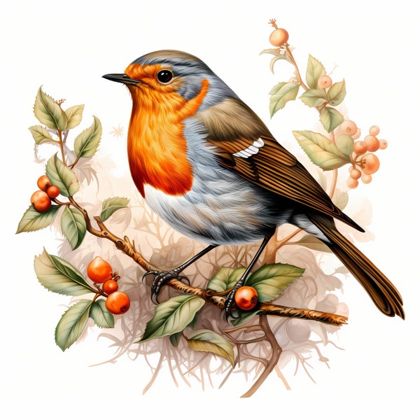Robin Bird Watercolor Clipart Bundle, Cute Colorful Robin Bird Set, Nursery Decor Robin Bird Drawings, Robin Bird Wall Decor, Commercial Use
