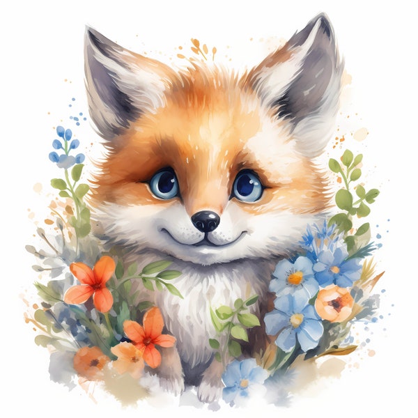 Cute Baby Fox Watercolor Clipart Bundle, Funny Fox Clipart, Sublimation Design, Baby Fox and Flowers Clipart, Baby Shower, Commercial Use