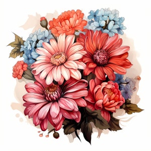 Clipart aquarelle Bouquet Gerbera Daisy, ensemble floral de Gerbera Daisy, ensemble de fleurs printanières colorées, bouquet de Gerbera Daisy, licence commerciale